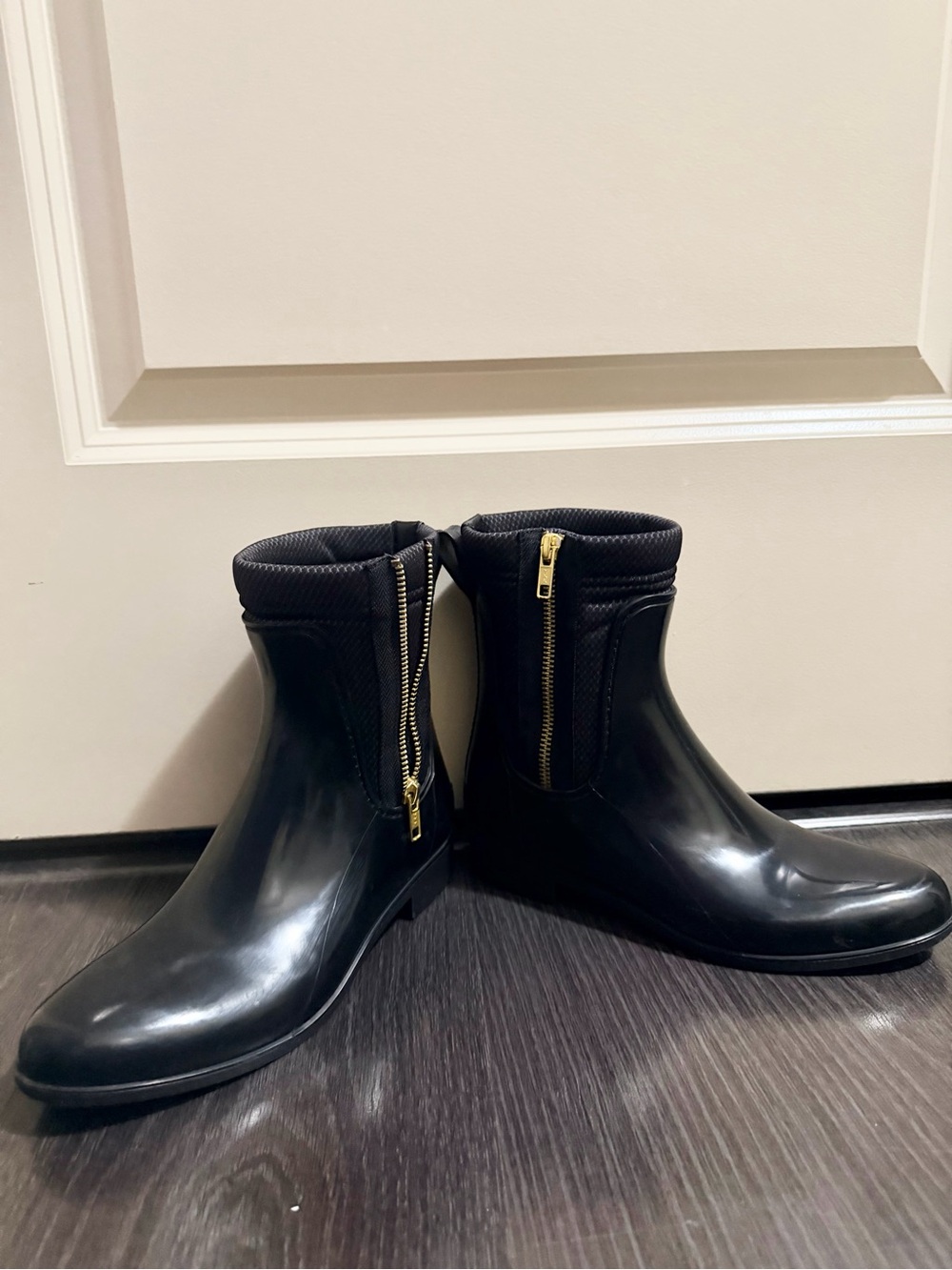 Cougar Black Ankle Rain Boots | Gold Zipper |Waterproof Low Heel Booties